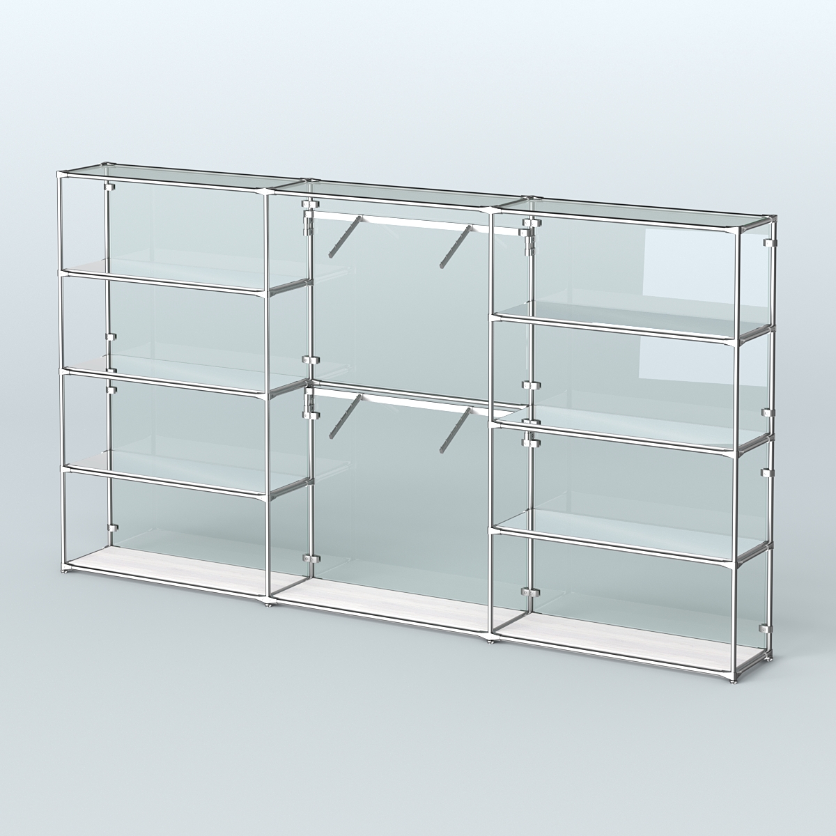 Торговая система ХРОМ (задняя стенка - стекло) 3600 мм с зеркальными полками и поручнями №6 Ясень Анкор светлый