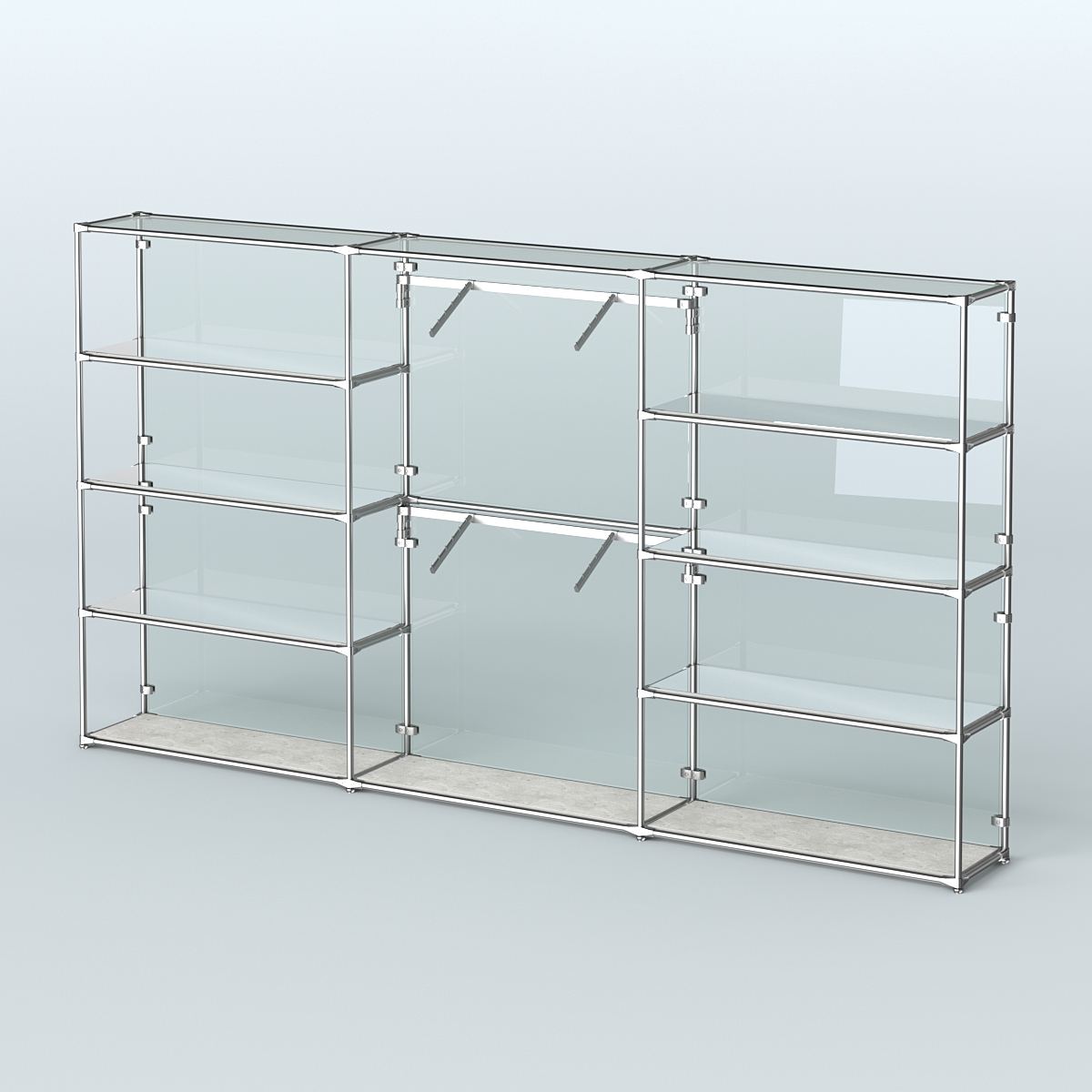 Торговая система ХРОМ (задняя стенка - стекло) 3600 мм с зеркальными полками и поручнями №6 Метрополитан Грей