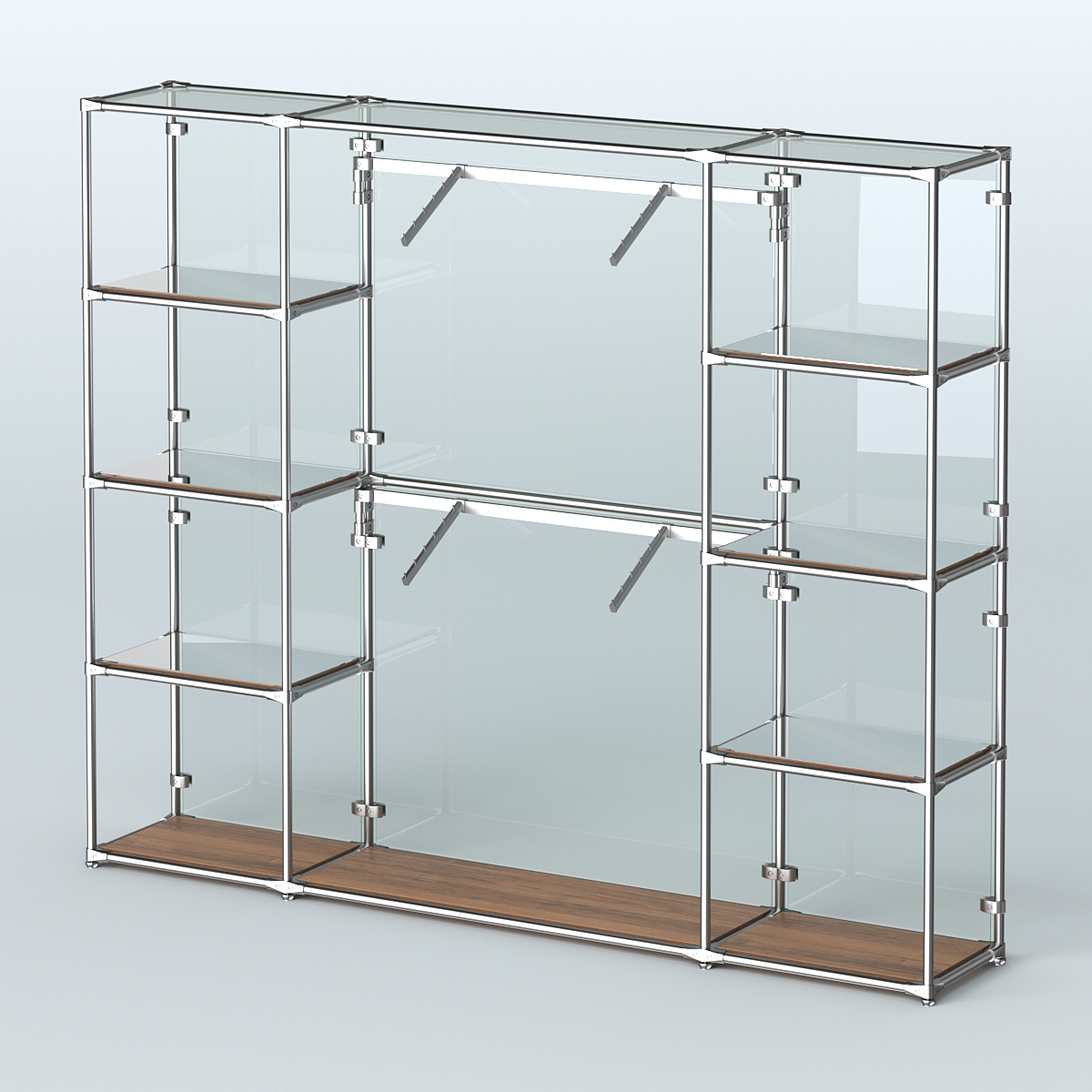 Торговая система ХРОМ (задняя стенка - стекло) 3600 мм с зеркальными полками и поручнями №7 Орех