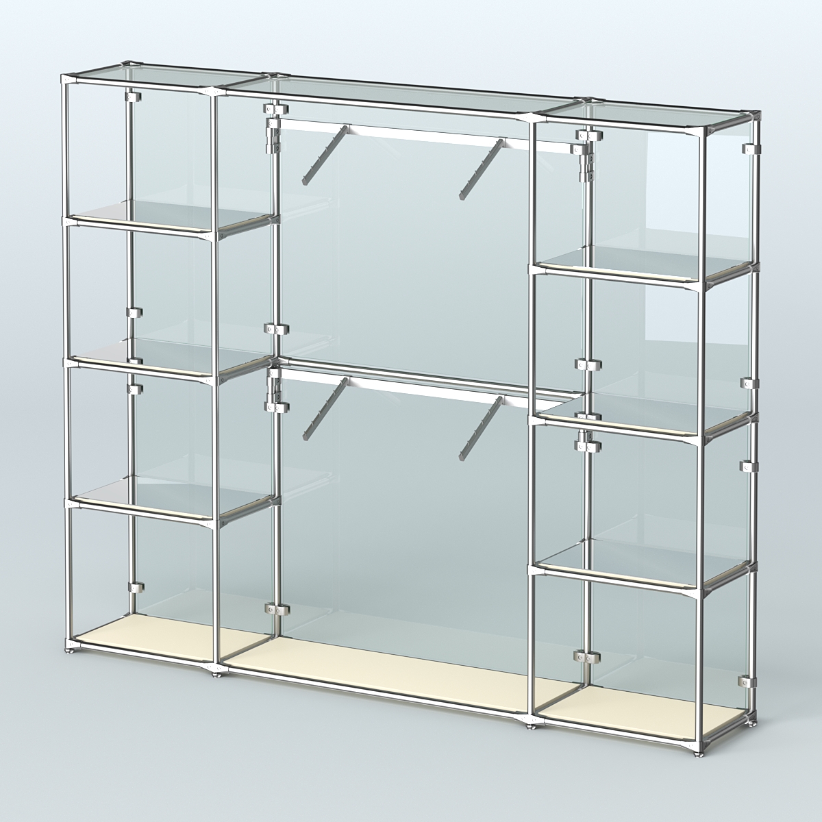 Торговая система ХРОМ (задняя стенка - стекло) 3600 мм с зеркальными полками и поручнями №7 Крем Вайс