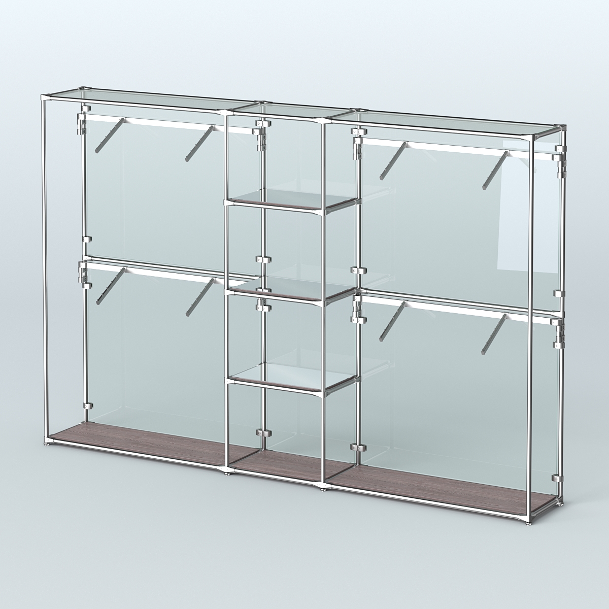 Торговая система ХРОМ (задняя стенка - стекло) 3600 мм с зеркальными полками и поручнями №8 Ясень Анкор темный