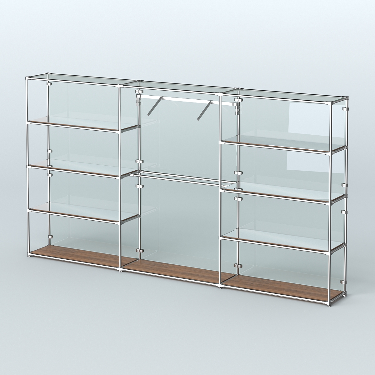 Торговая система ХРОМ (задняя стенка - стекло) 3600 мм с зеркальными полками и поручнями №9 Орех