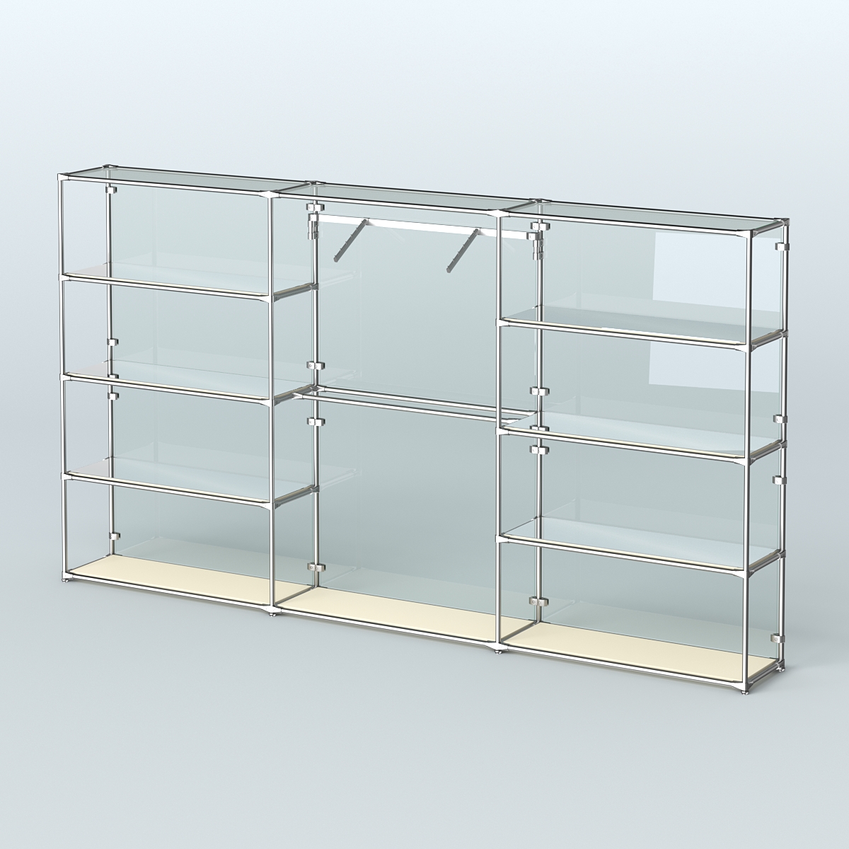 Торговая система ХРОМ (задняя стенка - стекло) 3600 мм с зеркальными полками и поручнями №9 Крем Вайс