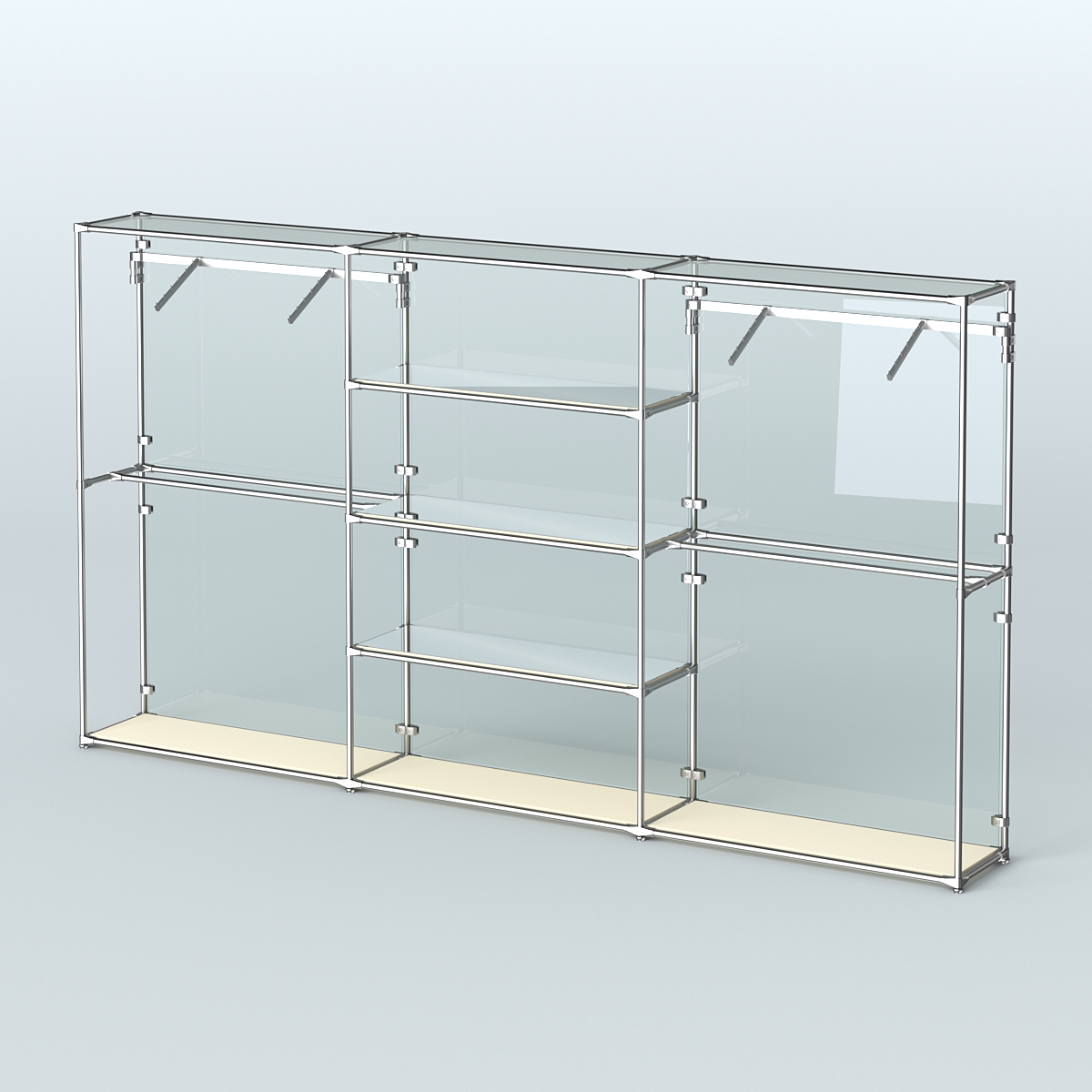 Торговая система ХРОМ (задняя стенка - стекло) 3600 мм с зеркальными полками и поручнями №10 Крем Вайс
