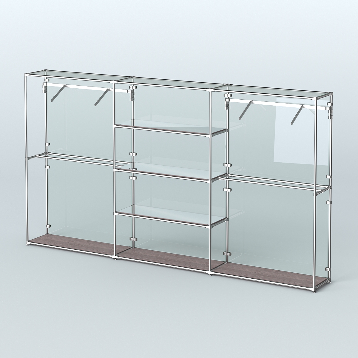 Торговая система ХРОМ (задняя стенка - стекло) 3600 мм с зеркальными полками и поручнями №10 Ясень Анкор темный