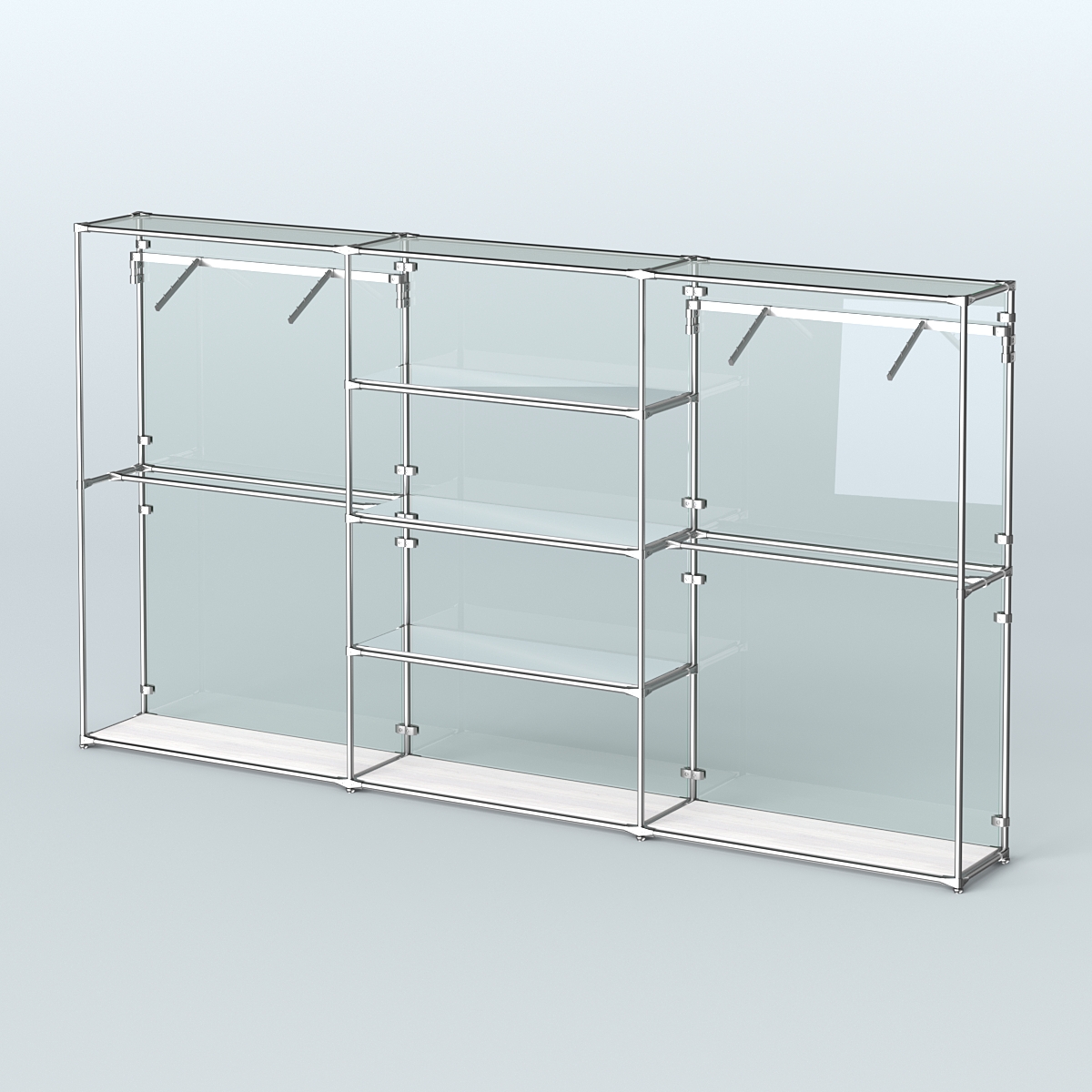 Торговая система ХРОМ (задняя стенка - стекло) 3600 мм с зеркальными полками и поручнями №10 Ясень Анкор светлый