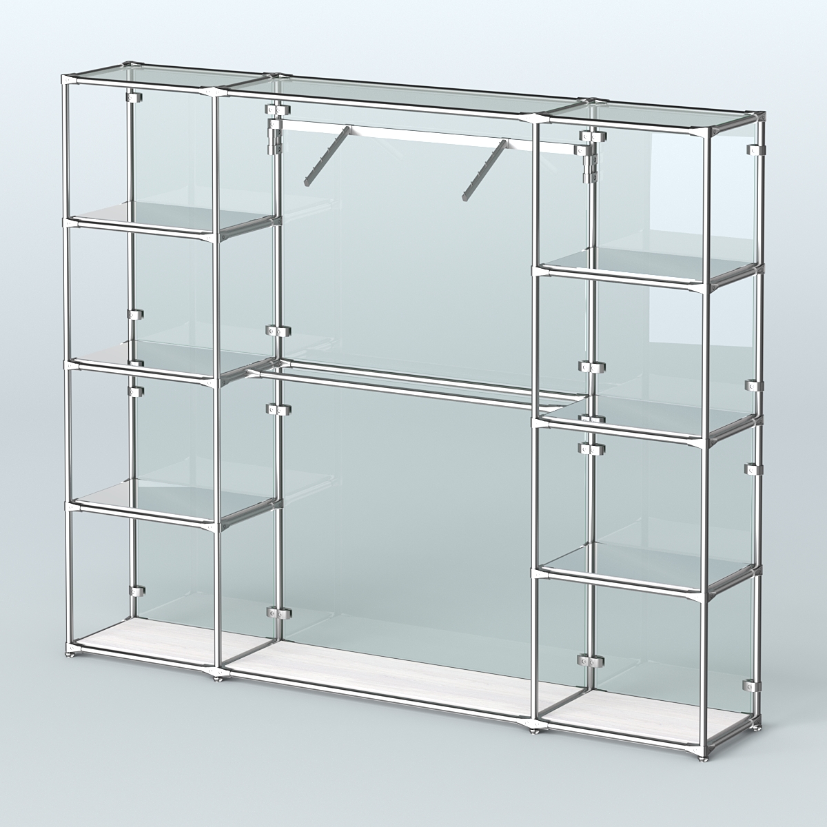 Торговая система ХРОМ (задняя стенка - стекло) 3600 мм с зеркальными полками и поручнями №11 Ясень Анкор светлый