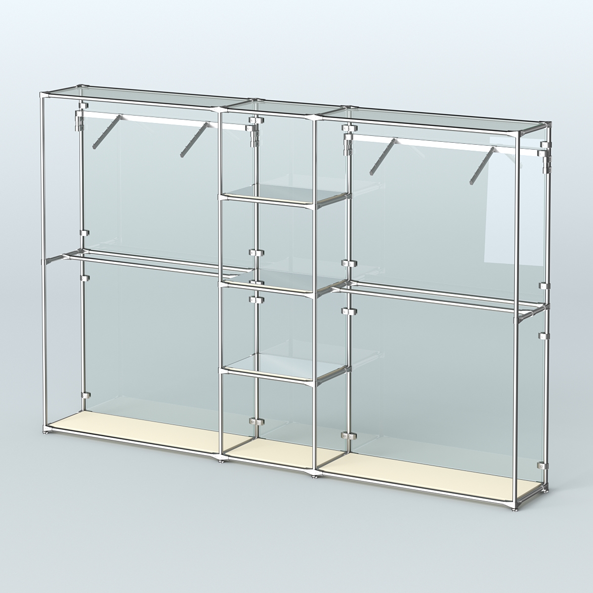 Торговая система ХРОМ (задняя стенка - стекло) 3600 мм с зеркальными полками и поручнями №12 Крем Вайс