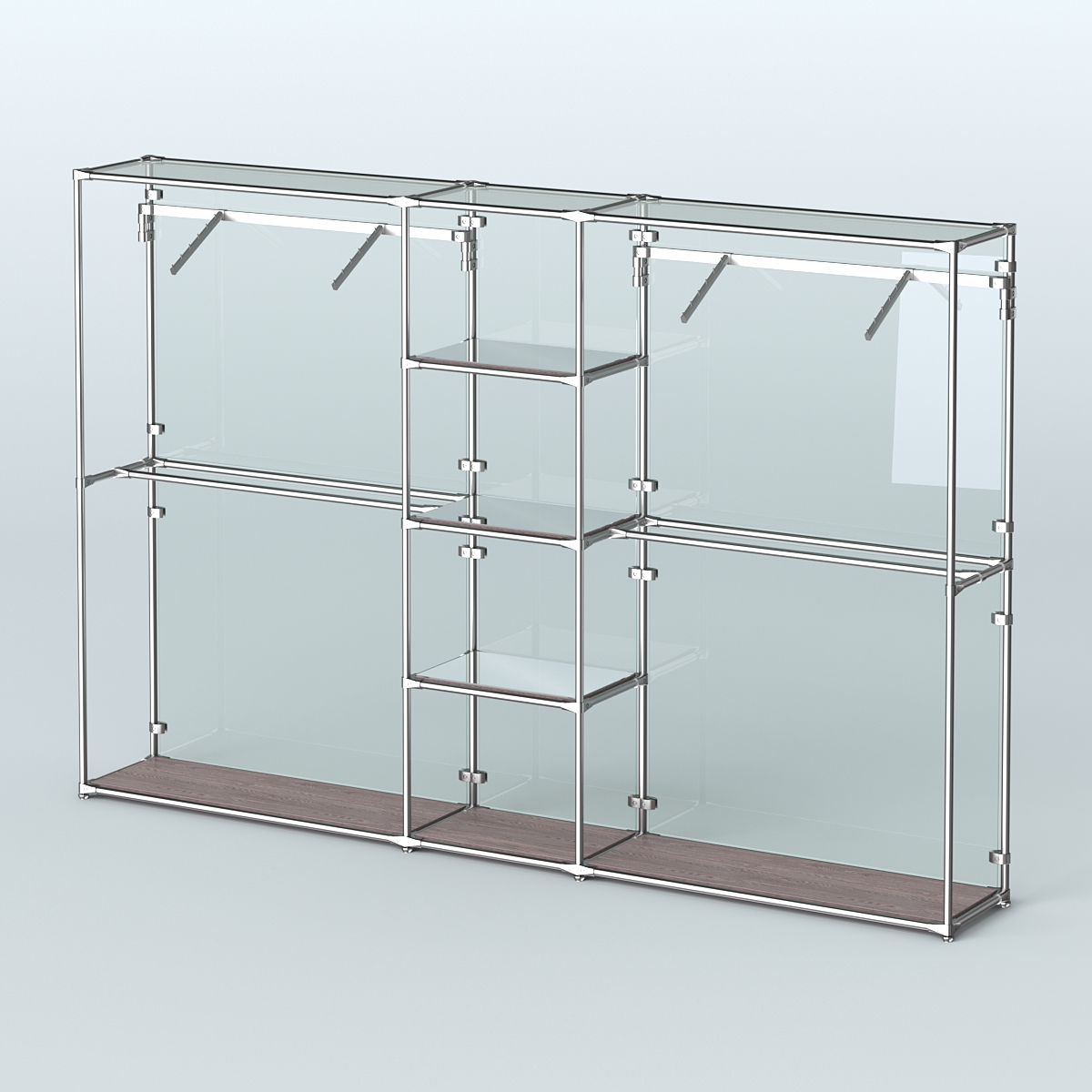 Торговая система ХРОМ (задняя стенка - стекло) 3600 мм с зеркальными полками и поручнями №12 Ясень Анкор темный