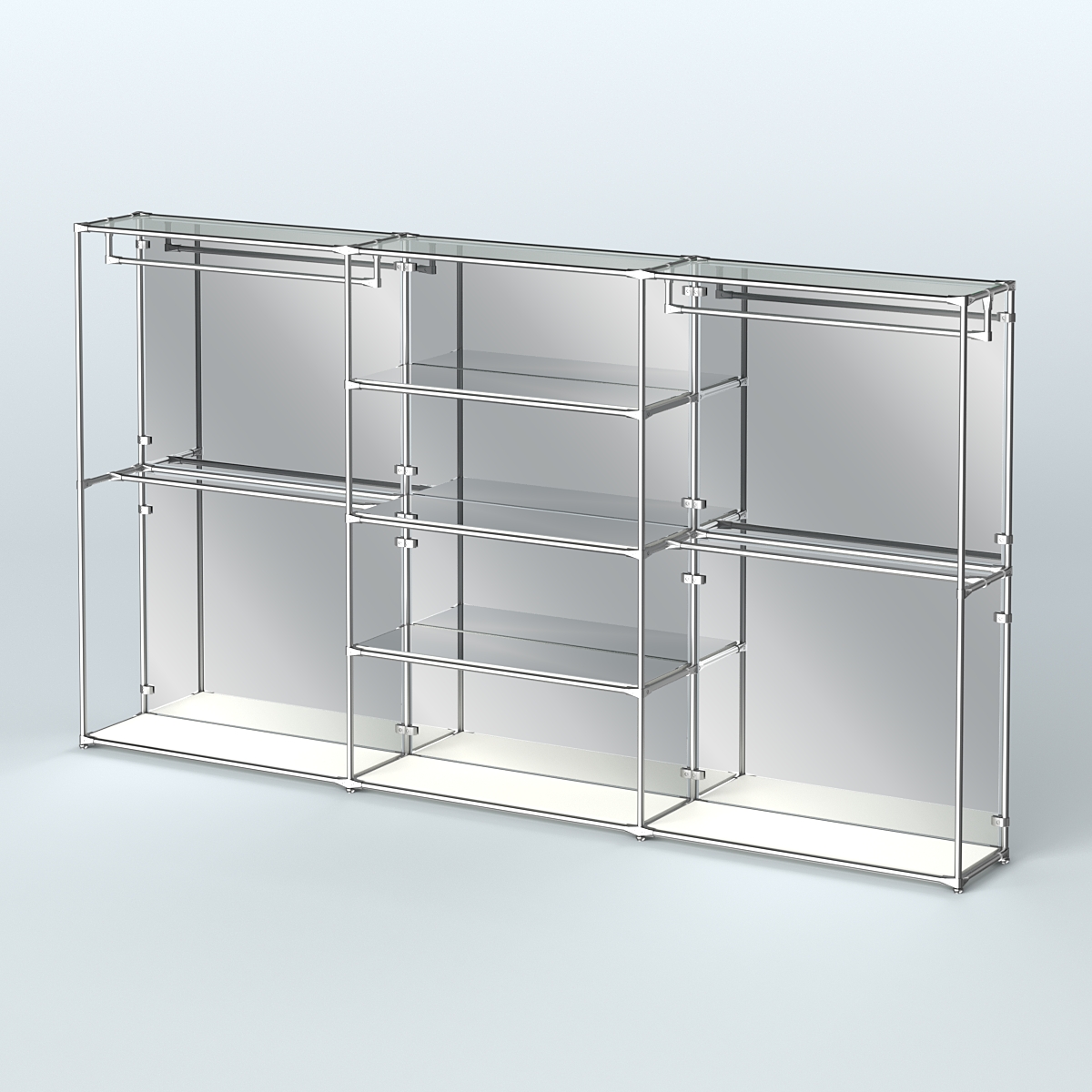 Торговая система ХРОМ (задняя стенка - зеркало) 3600 мм с зеркальными полками и поручнями №2 Белый