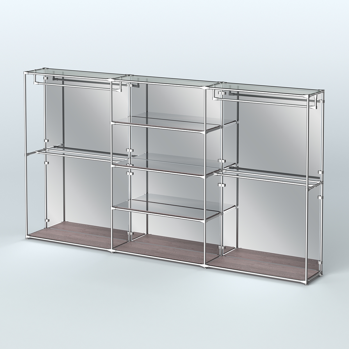 Торговая система ХРОМ (задняя стенка - зеркало) 3600 мм с зеркальными полками и поручнями №2 Ясень Анкор темный