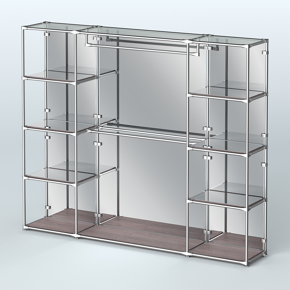 Торговая система ХРОМ (задняя стенка - зеркало) 3600 мм с зеркальными полками и поручнями №3 Ясень Анкор темный