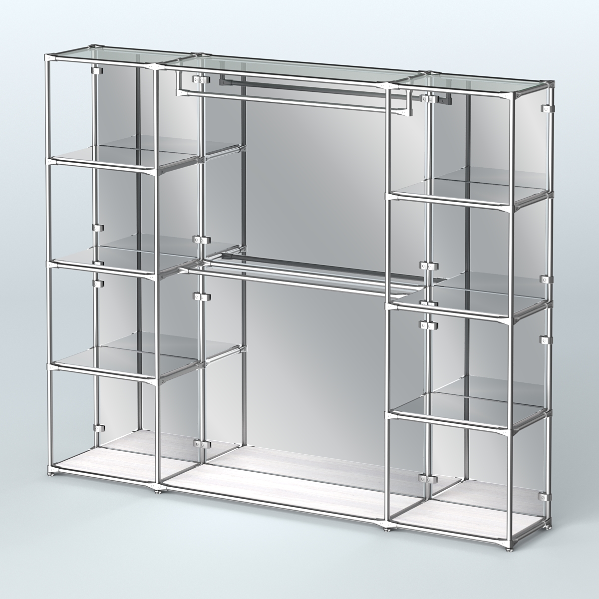 Торговая система ХРОМ (задняя стенка - зеркало) 3600 мм с зеркальными полками и поручнями №3 Ясень Анкор светлый