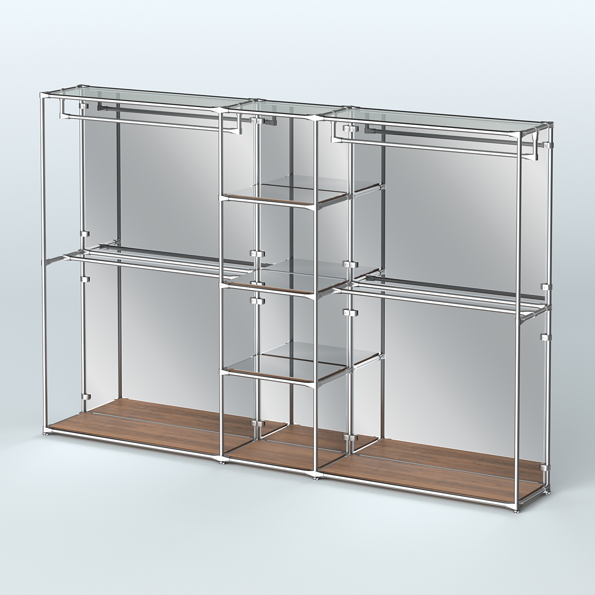 Торговая система ХРОМ (задняя стенка - зеркало) 3600 мм с зеркальными полками и поручнями №4 Орех