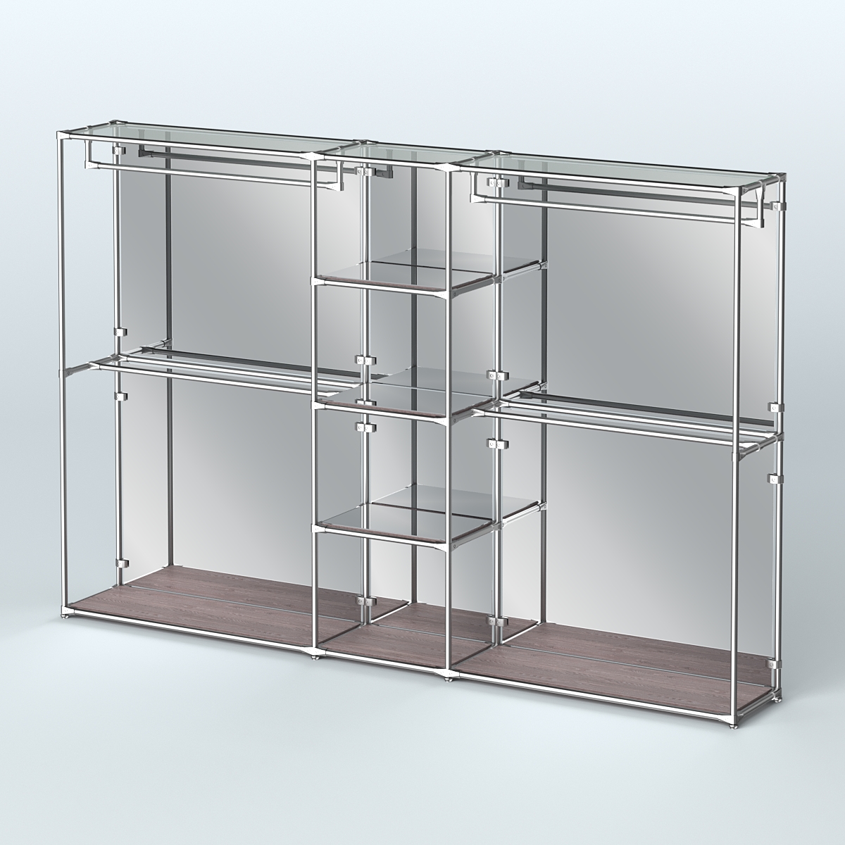 Торговая система ХРОМ (задняя стенка - зеркало) 3600 мм с зеркальными полками и поручнями №4 Ясень Анкор темный