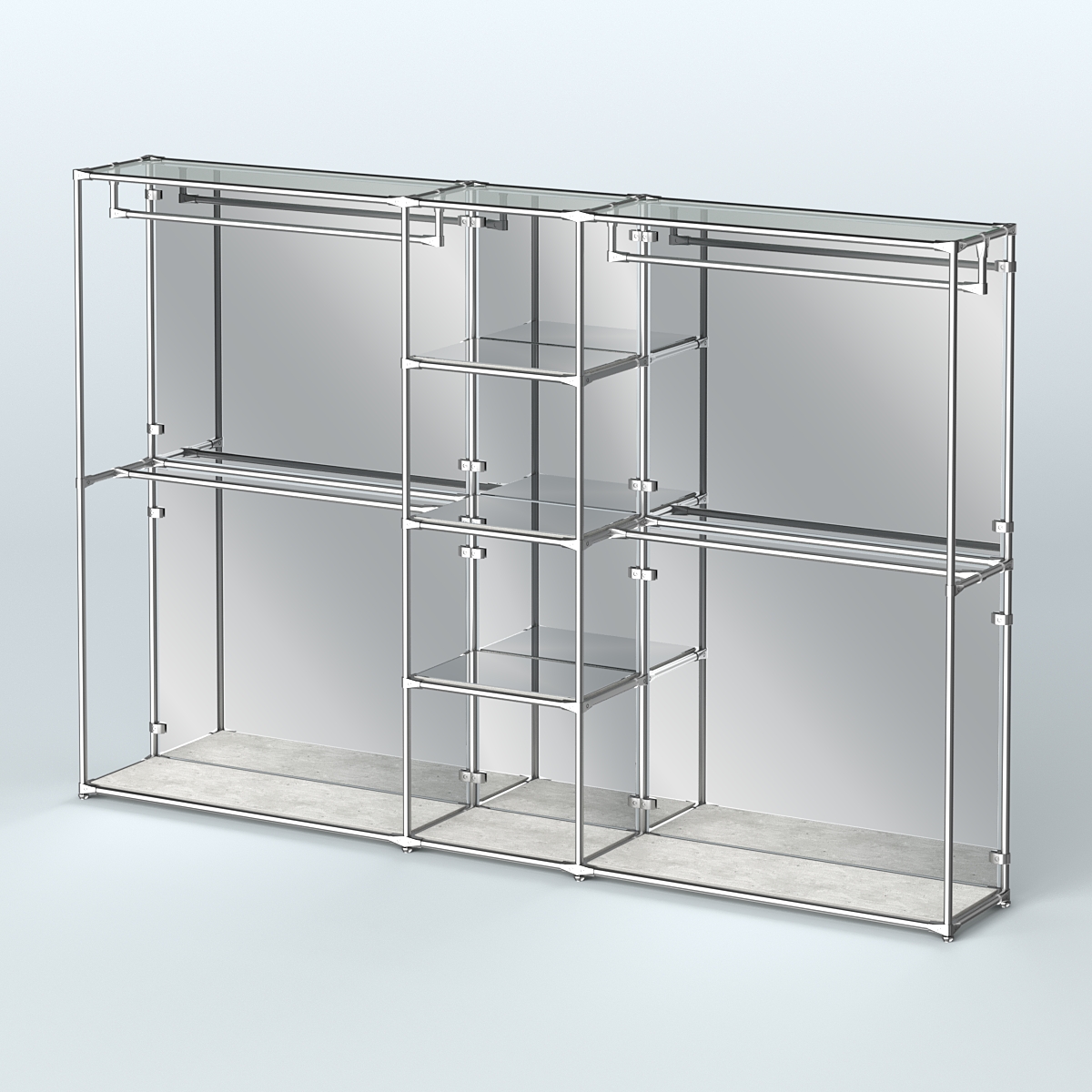 Торговая система ХРОМ (задняя стенка - зеркало) 3600 мм с зеркальными полками и поручнями №4 Метрополитан Грей