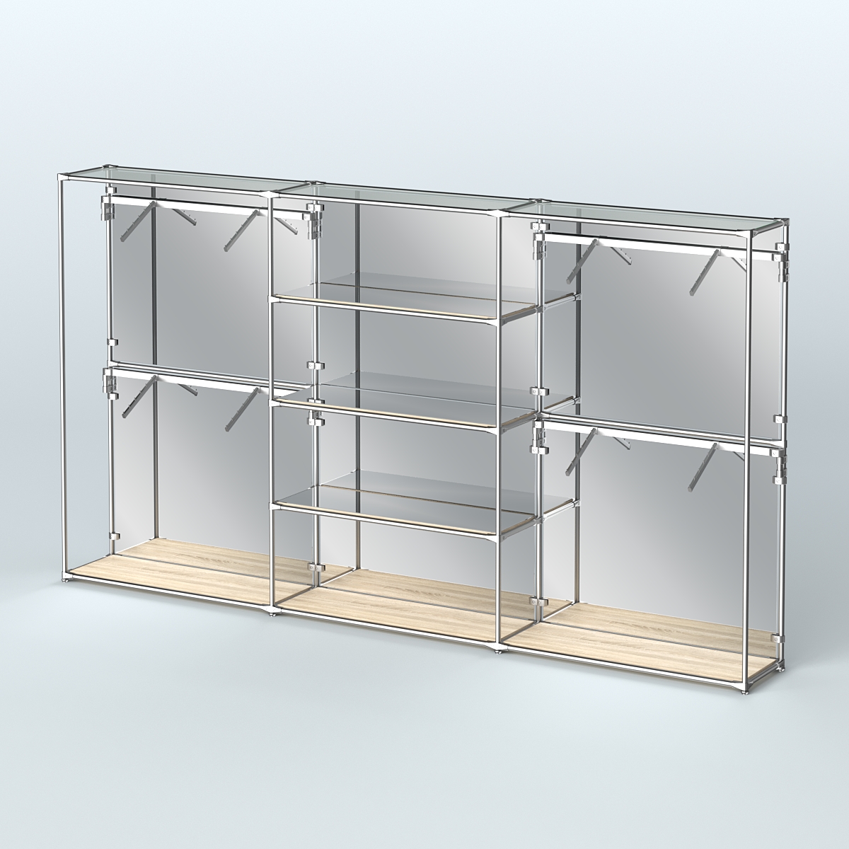 Торговая система ХРОМ (задняя стенка - зеркало) 3600 мм с зеркальными полками и поручнями №5 Дуб Сонома