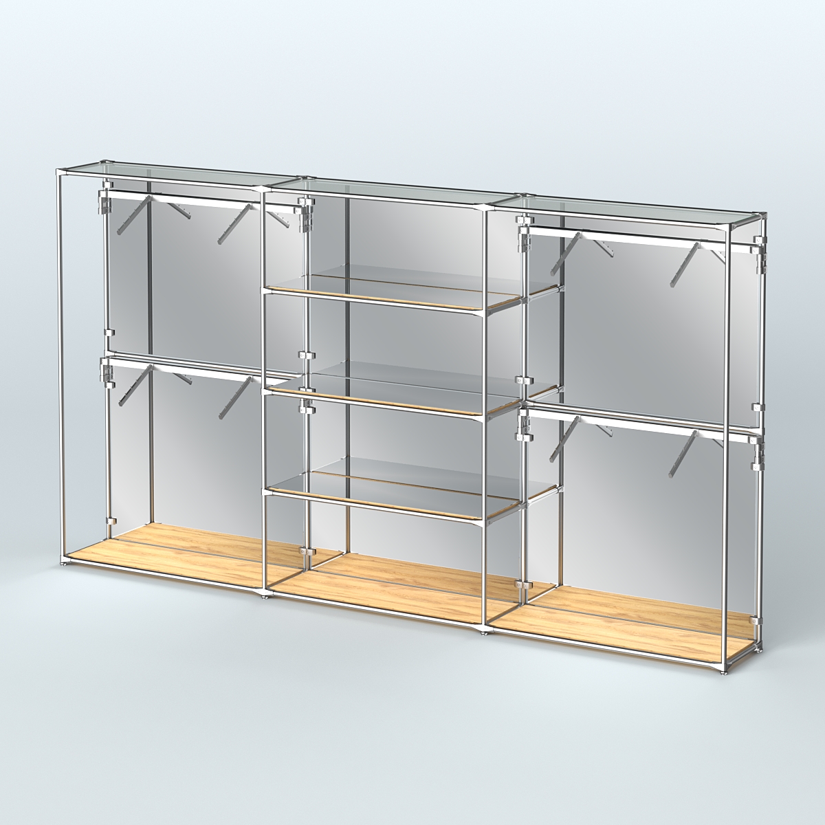 Торговая система ХРОМ (задняя стенка - зеркало) 3600 мм с зеркальными полками и поручнями №5 Дуб Золотистый