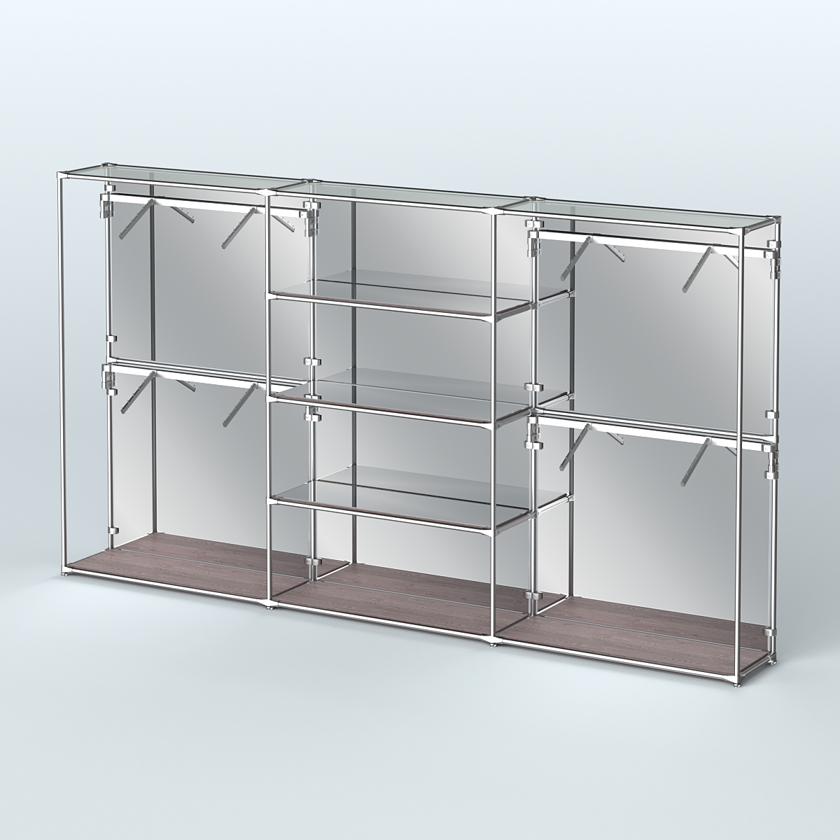 Торговая система ХРОМ (задняя стенка - зеркало) 3600 мм с зеркальными полками и поручнями №5 Ясень Анкор темный