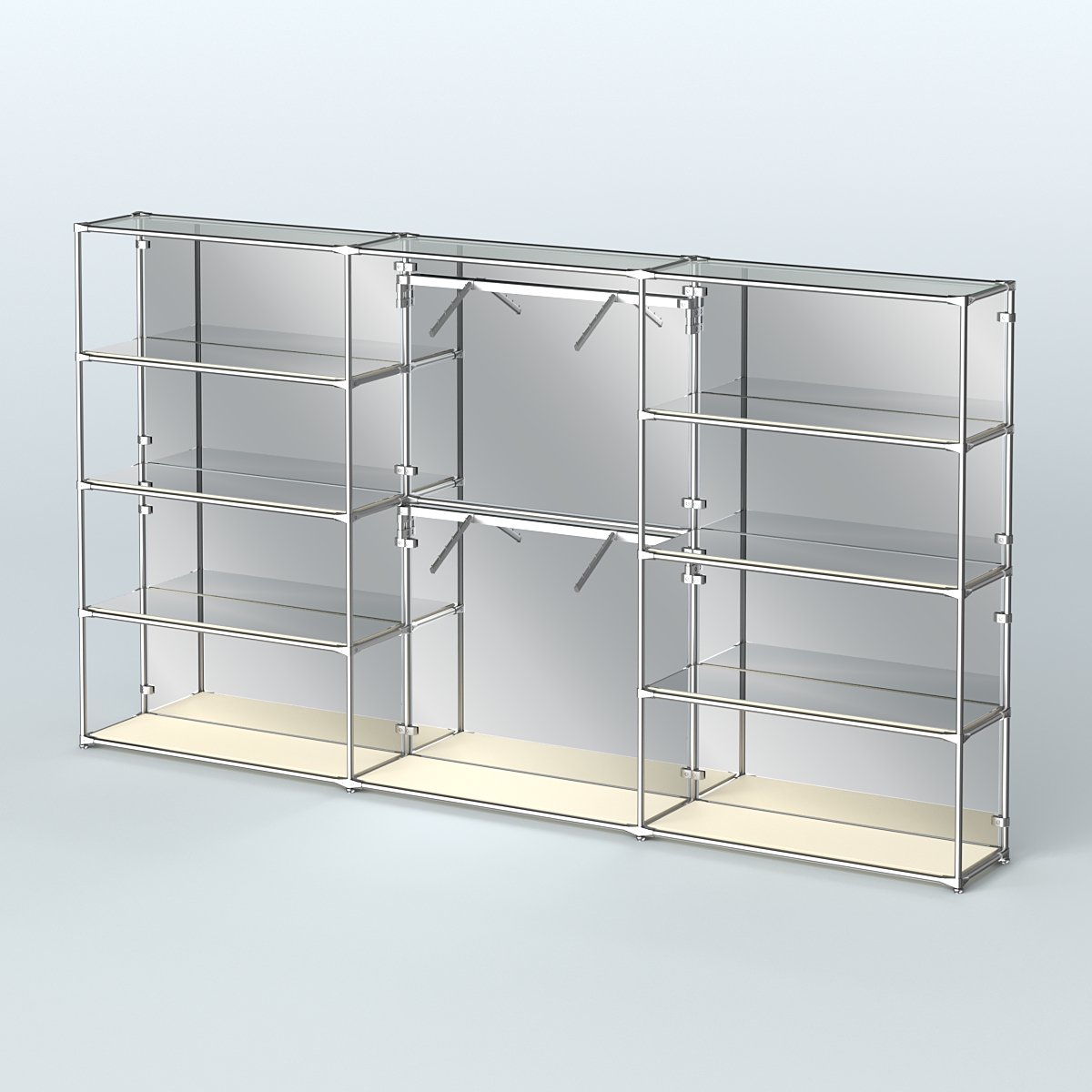 Торговая система ХРОМ (задняя стенка - зеркало) 3600 мм с зеркальными полками и поручнями №6 Крем Вайс