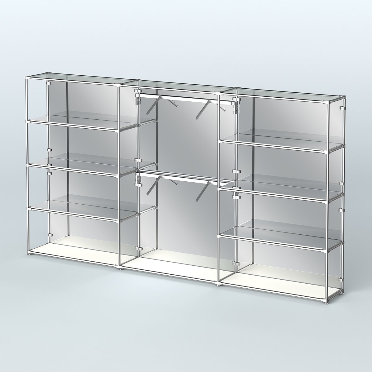 Торговая система ХРОМ (задняя стенка - зеркало) 3600 мм с зеркальными полками и поручнями №6 Белый