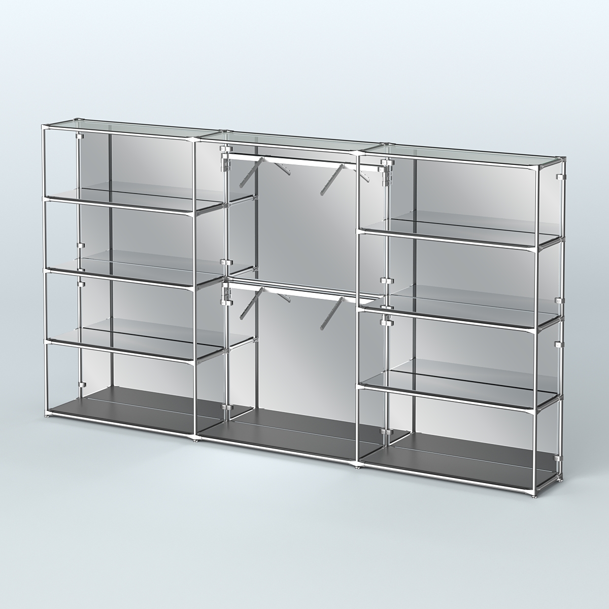 Торговая система ХРОМ (задняя стенка - зеркало) 3600 мм с зеркальными полками и поручнями №6 Черный