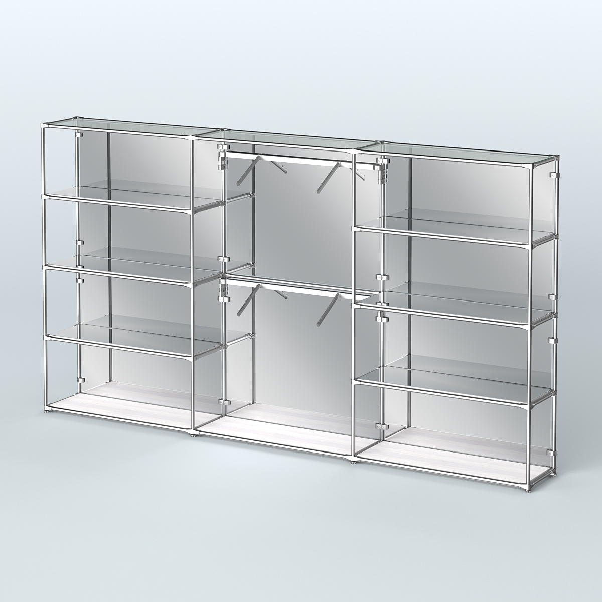 Торговая система ХРОМ (задняя стенка - зеркало) 3600 мм с зеркальными полками и поручнями №6 Ясень Анкор светлый