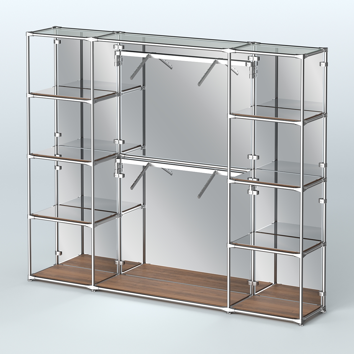 Торговая система ХРОМ (задняя стенка - зеркало) 3600 мм с зеркальными полками и поручнями №7 Орех