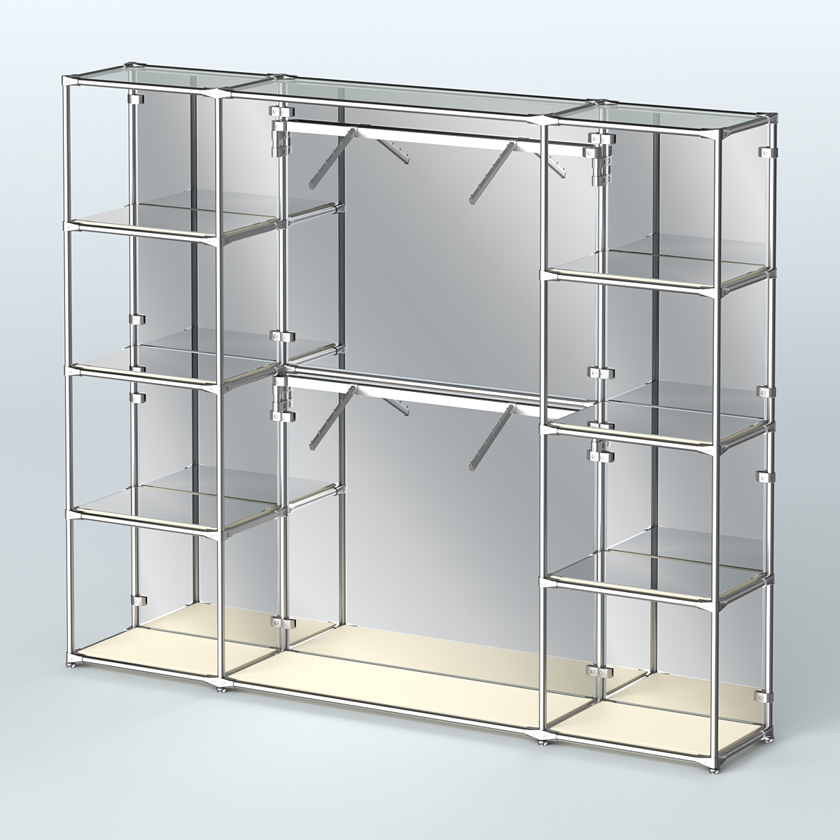 Торговая система ХРОМ (задняя стенка - зеркало) 3600 мм с зеркальными полками и поручнями №7 Крем Вайс