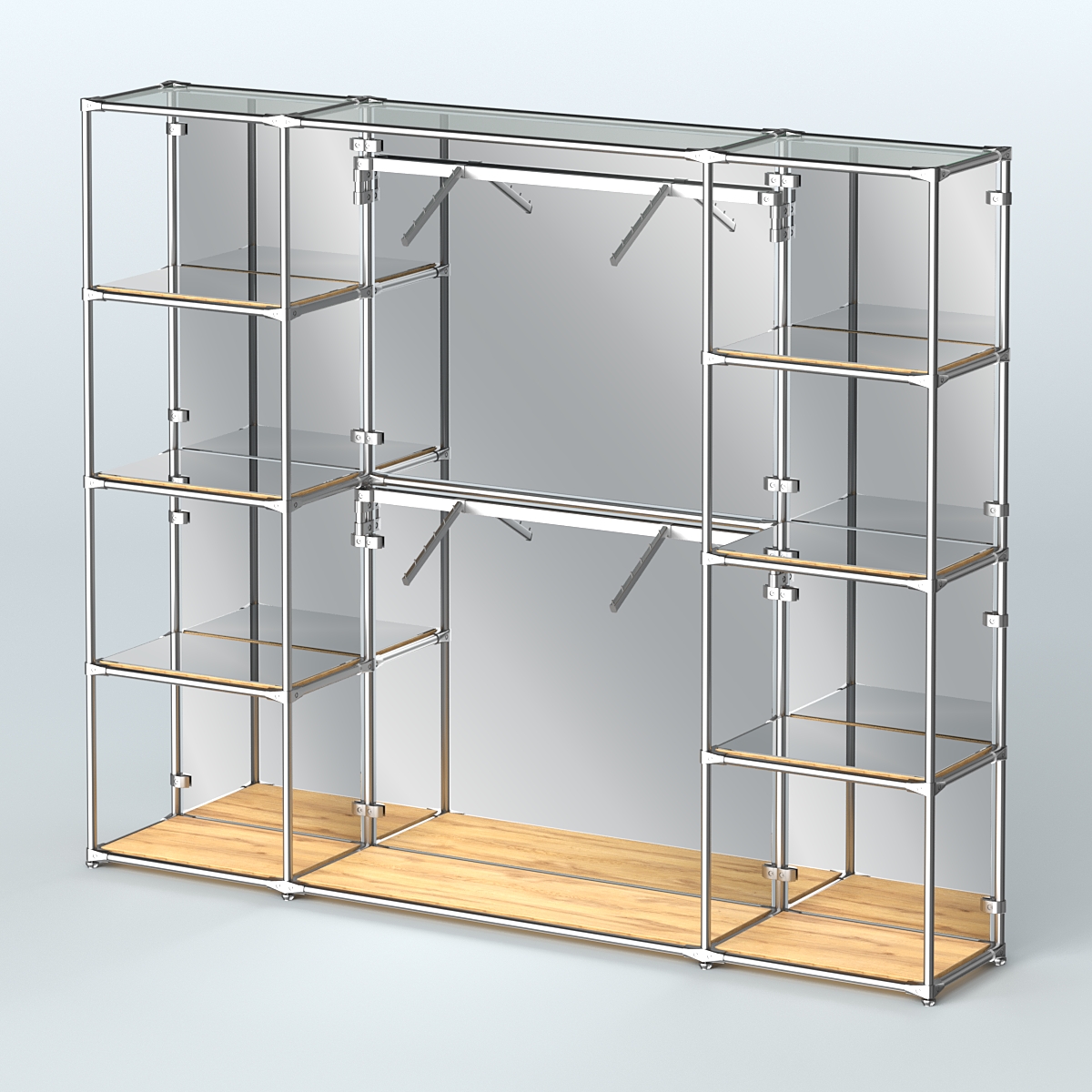 Торговая система ХРОМ (задняя стенка - зеркало) 3600 мм с зеркальными полками и поручнями №7 Дуб Золотистый