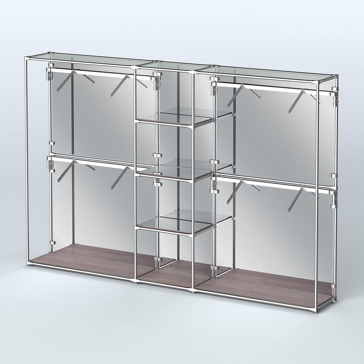 Торговая система ХРОМ (задняя стенка - зеркало) 3600 мм с зеркальными полками и поручнями №8 Ясень Анкор темный