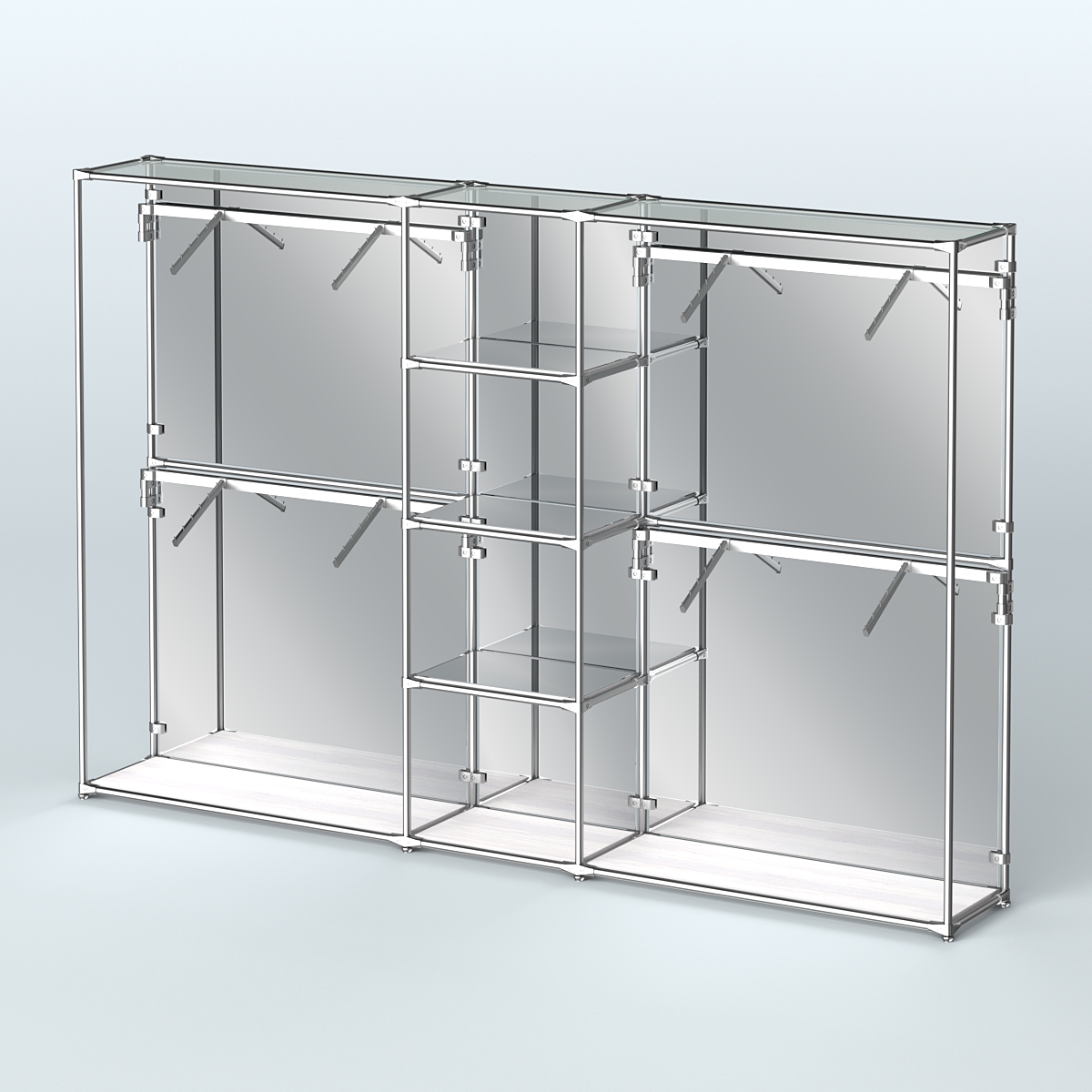 Торговая система ХРОМ (задняя стенка - зеркало) 3600 мм с зеркальными полками и поручнями №8 Ясень Анкор светлый