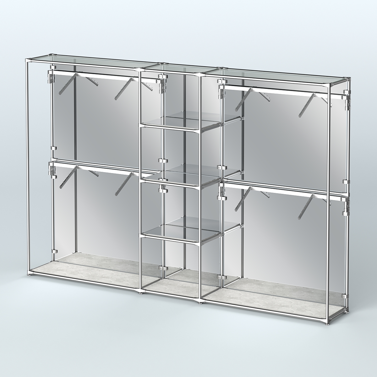 Торговая система ХРОМ (задняя стенка - зеркало) 3600 мм с зеркальными полками и поручнями №8 Метрополитан Грей