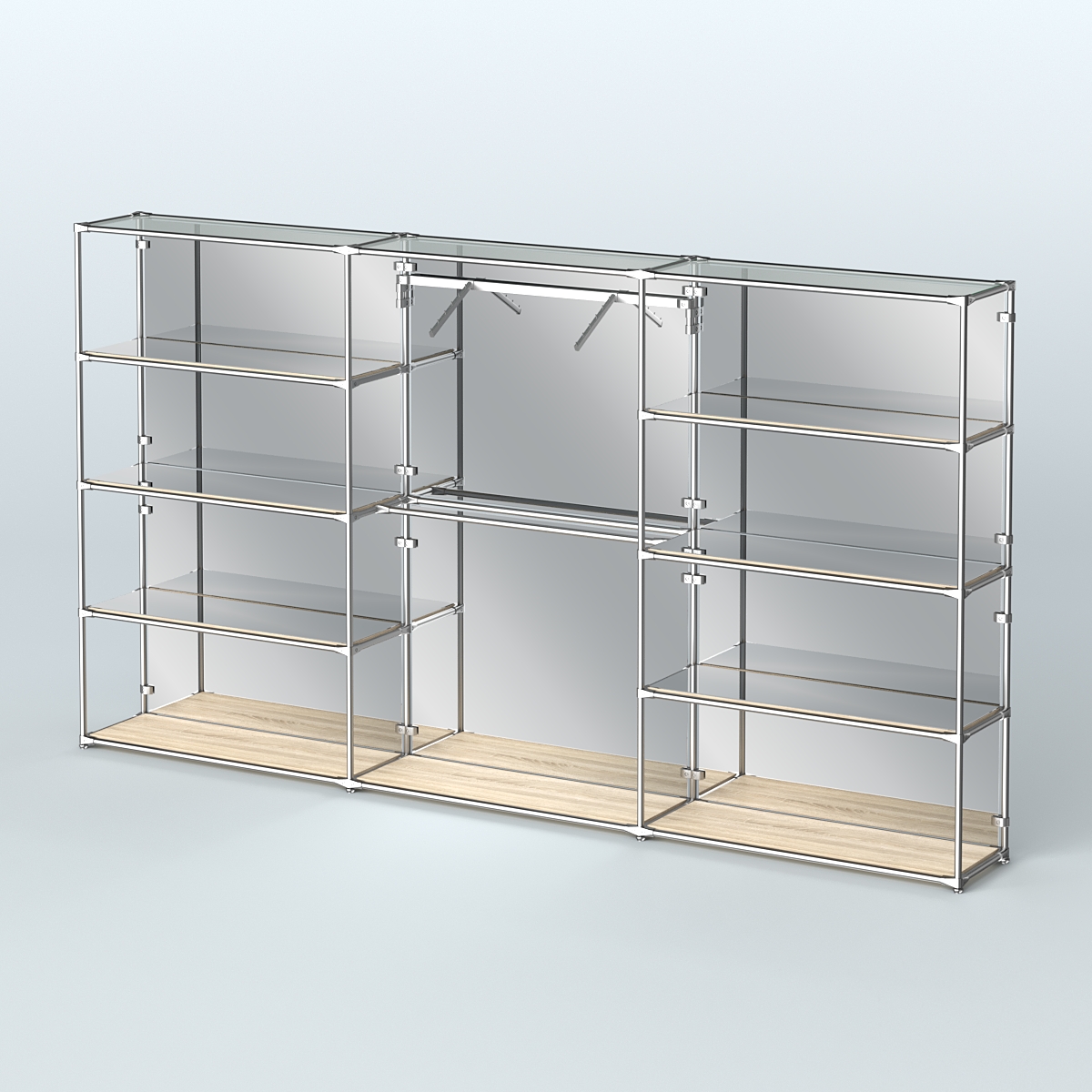 Торговая система ХРОМ (задняя стенка - зеркало) 3600 мм с зеркальными полками и поручнями №9 Дуб Сонома