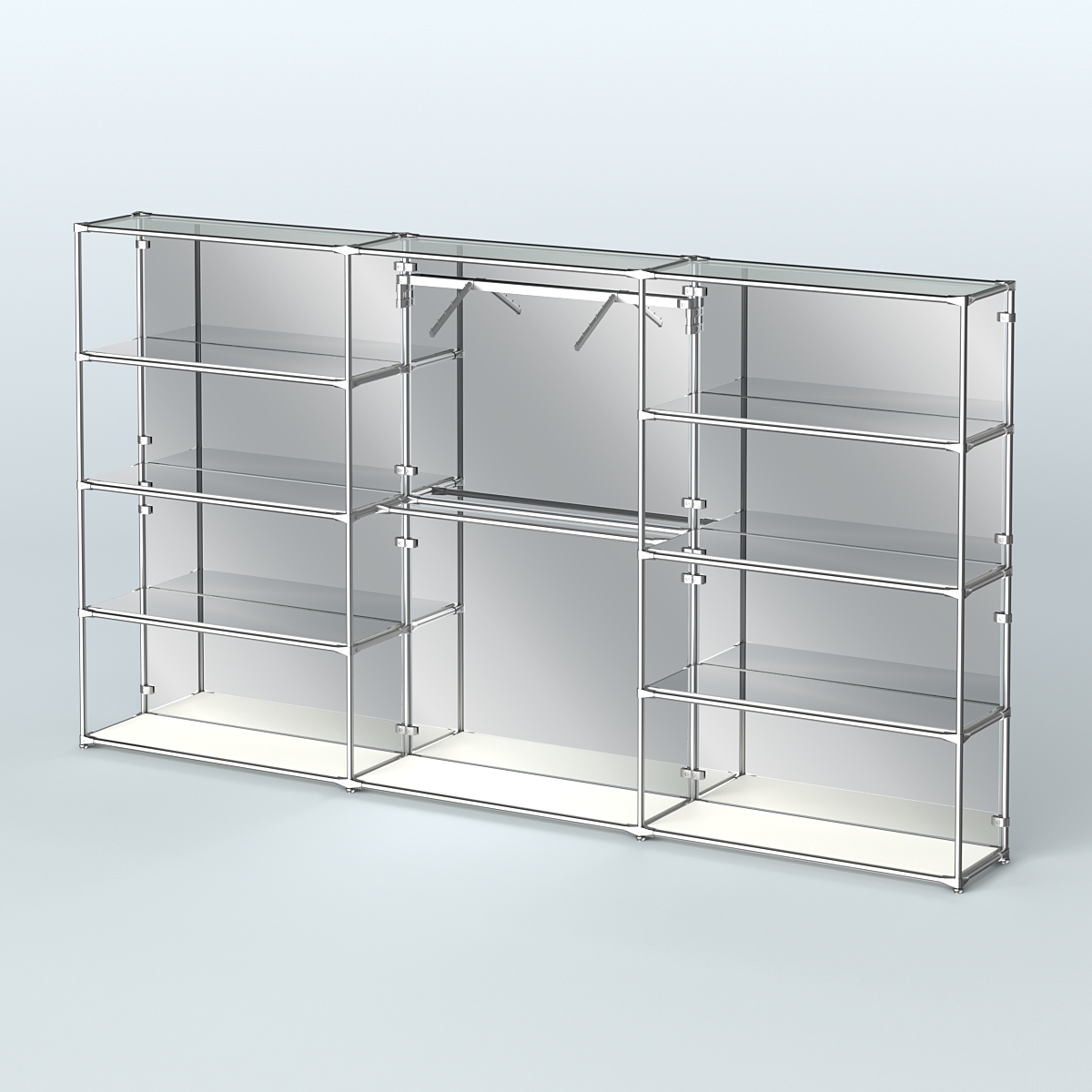 Торговая система ХРОМ (задняя стенка - зеркало) 3600 мм с зеркальными полками и поручнями №9 Белый