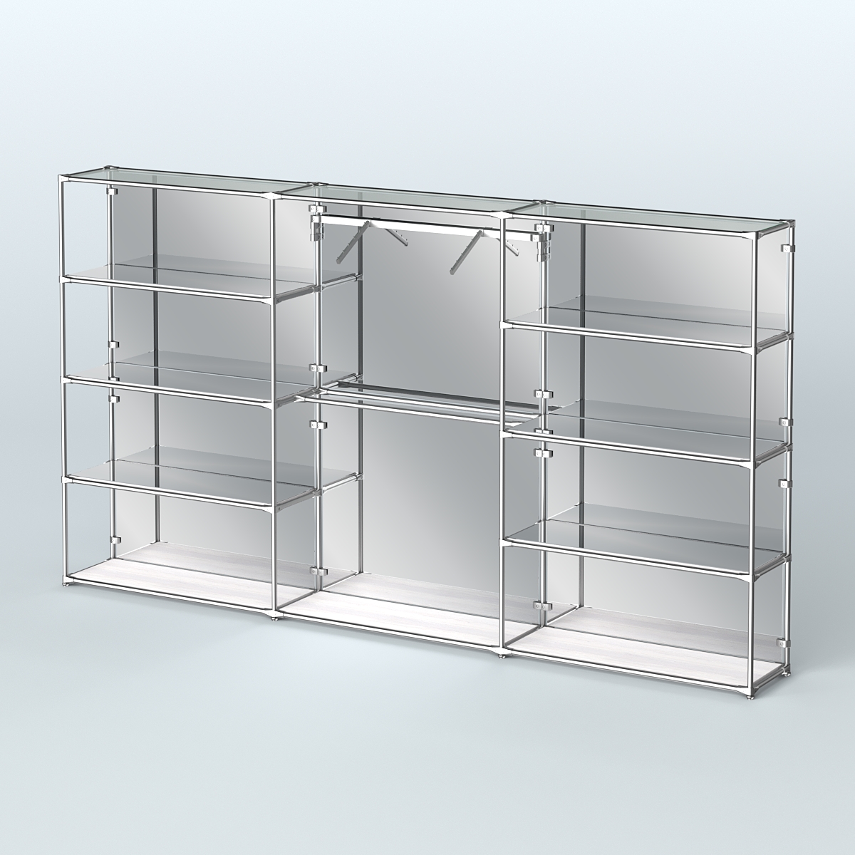 Торговая система ХРОМ (задняя стенка - зеркало) 3600 мм с зеркальными полками и поручнями №9 Ясень Анкор светлый