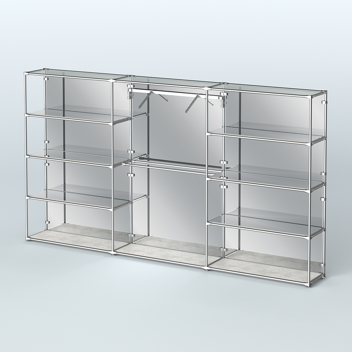 Торговая система ХРОМ (задняя стенка - зеркало) 3600 мм с зеркальными полками и поручнями №9 Метрополитан Грей