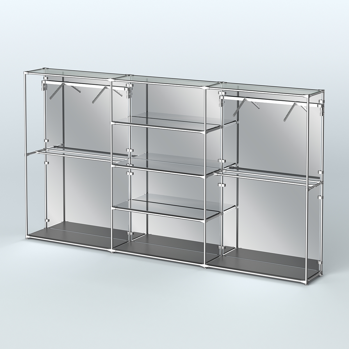 Торговая система ХРОМ (задняя стенка - зеркало) 3600 мм с зеркальными полками и поручнями №10 Черный