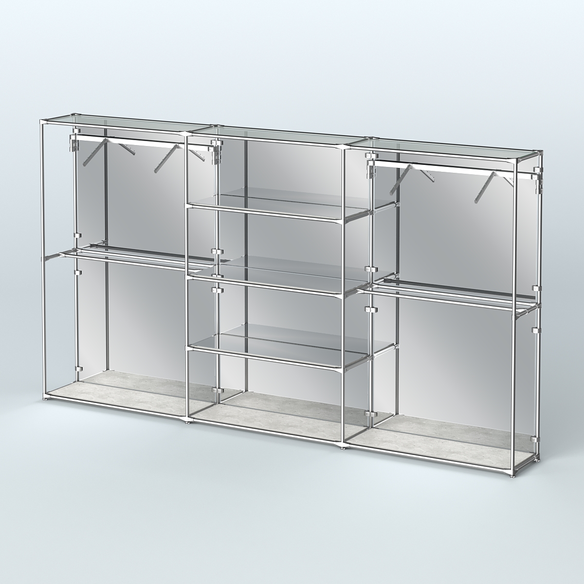 Торговая система ХРОМ (задняя стенка - зеркало) 3600 мм с зеркальными полками и поручнями №10 Метрополитан Грей