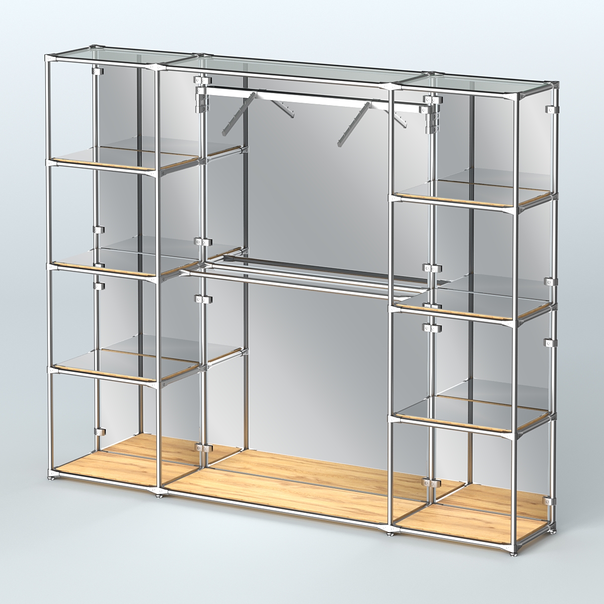 Торговая система ХРОМ (задняя стенка - зеркало) 3600 мм с зеркальными полками и поручнями №11 Дуб Золотистый