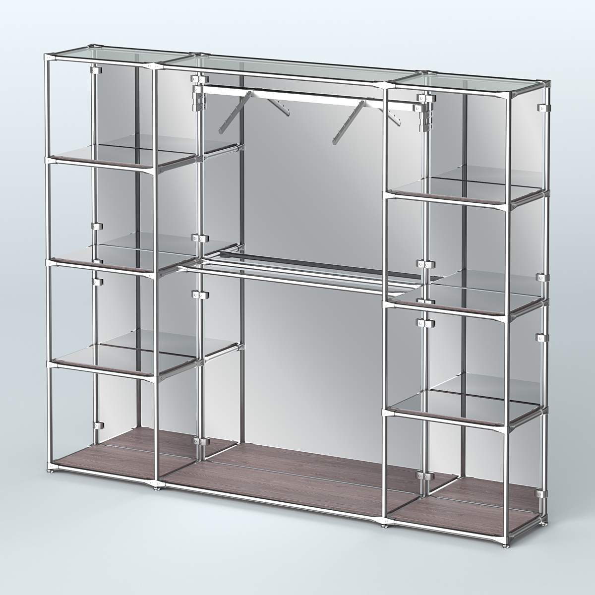 Торговая система ХРОМ (задняя стенка - зеркало) 3600 мм с зеркальными полками и поручнями №11 Ясень Анкор темный