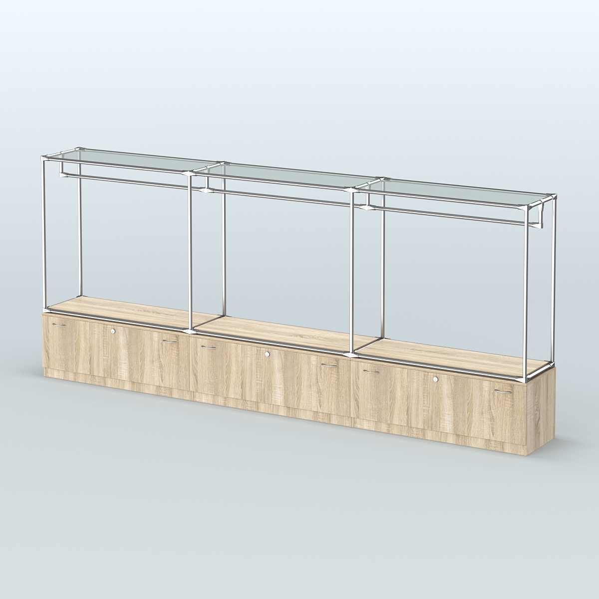 Островная торговая система ХРОМ 3600 мм с тумбами Т11 и поручнями №1 Дуб Сонома