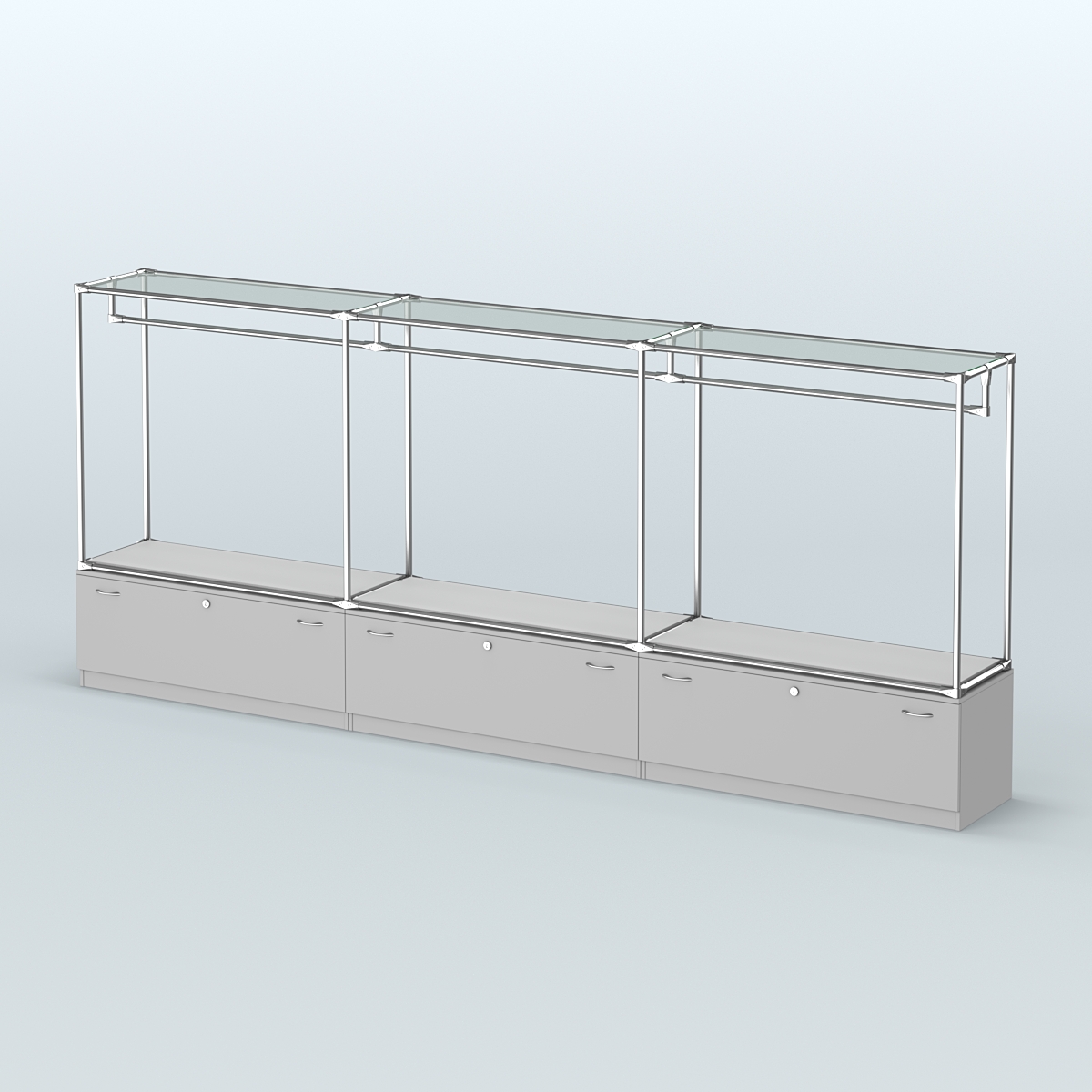 Островная торговая система ХРОМ 3600 мм с тумбами Т11 и поручнями №1 Серый