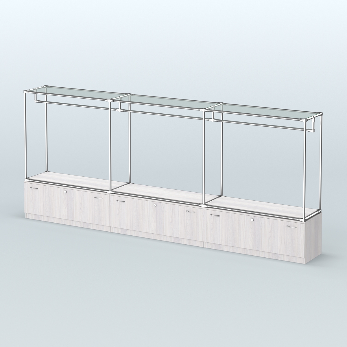 Островная торговая система ХРОМ 3600 мм с тумбами Т11 и поручнями №1 Ясень Анкор светлый