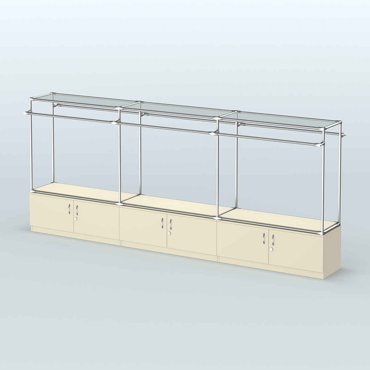 Островная торговая система ХРОМ 3600 мм с тумбами Т21 и поручнями №2 Крем Вайс