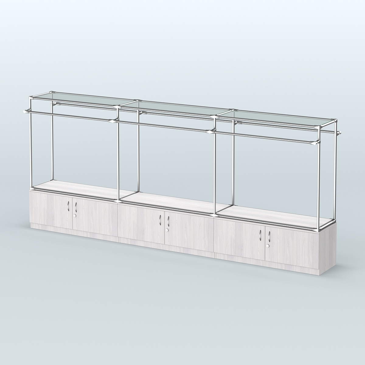 Островная торговая система ХРОМ 3600 мм с тумбами Т21 и поручнями №2 Ясень Анкор светлый