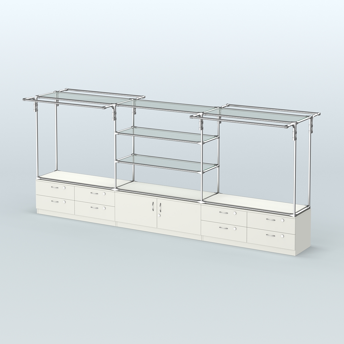 Островная торговая система ХРОМ 3600 мм с тумбами Т14, Т21 и поручнями №4 Белый