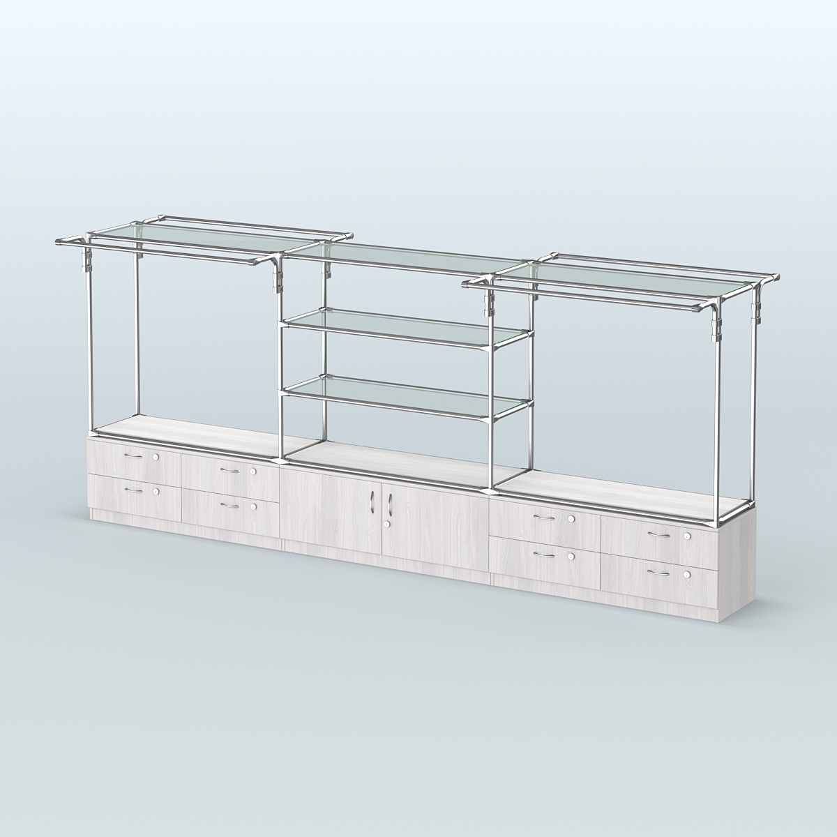 Островная торговая система ХРОМ 3600 мм с тумбами Т14, Т21 и поручнями №4 Ясень Анкор светлый