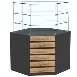 Торговый прилавок угловой со стеклянными шторками и фасадными панелями №15Э-02, Черный + Дуб Канзас коричневый