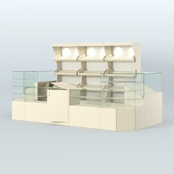 Пристенный павильон со стеклянными прилавками под выкладку хлеба и выпечки №2, Крем Вайс + Белый